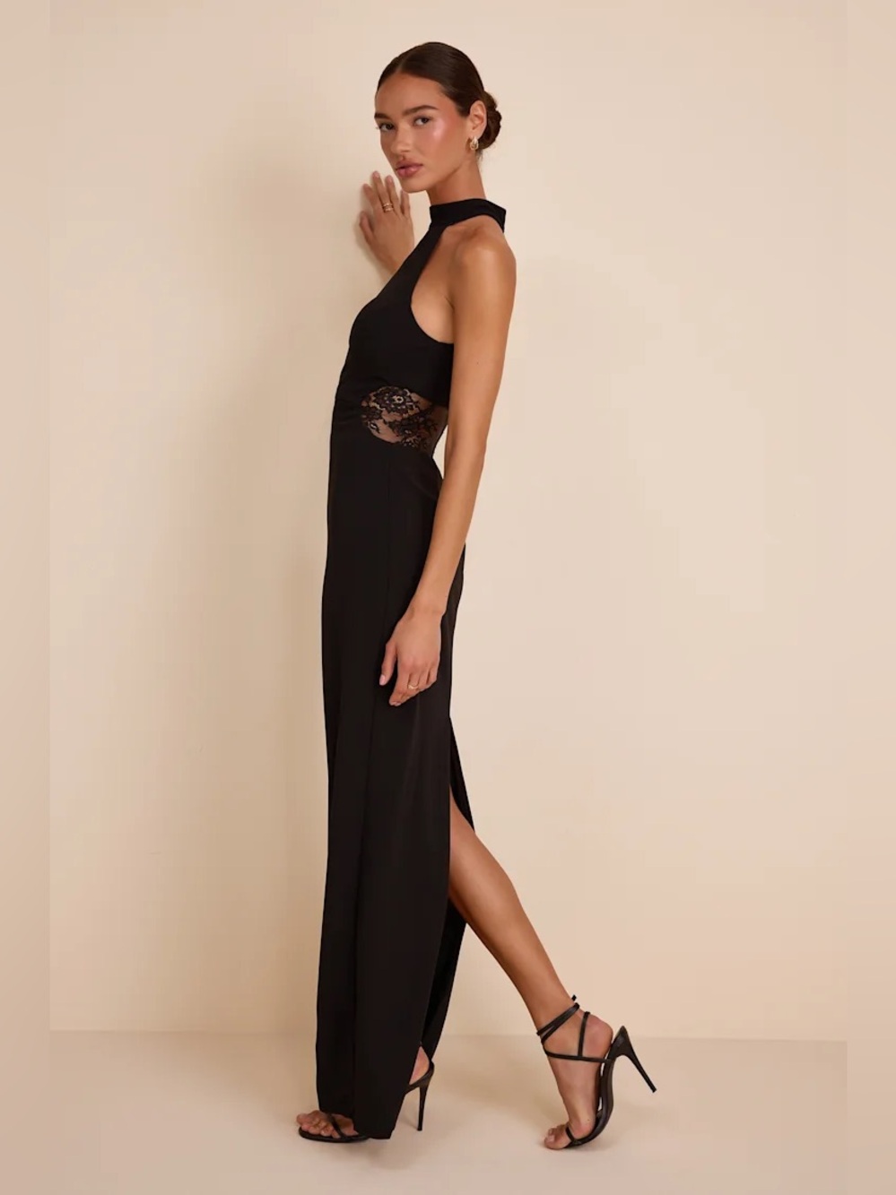 Lulus Vira Black Mock Neck Lace Cutout Maxi Dress